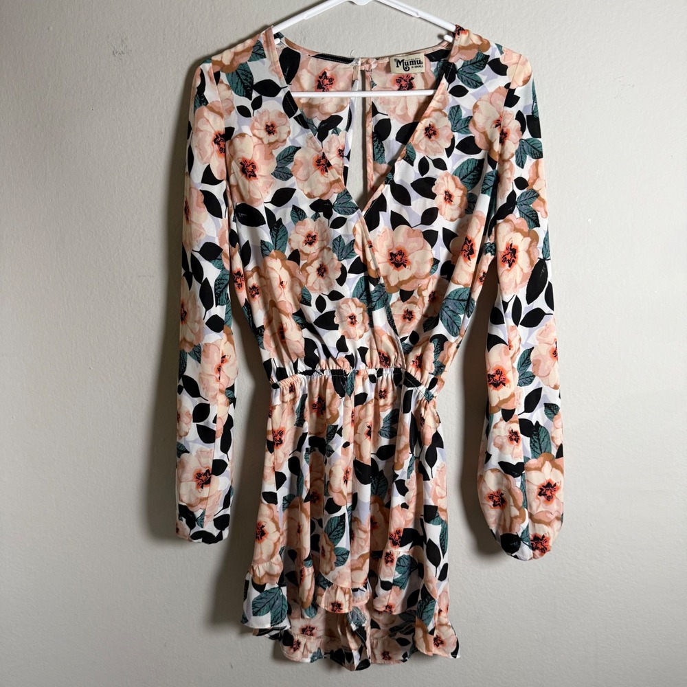 Show Me Your Mumu Floral Long Sleeve Romper XS Peach Black Ruffle Keyhole Boho